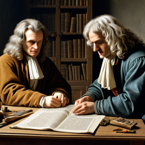 Home 18 ** A historical depiction showcasing Isaac Newton and Joseph Raphson collaborating (or perhaps depicted separately but with visual cues connecting them) on mathematical concepts. The scene could be set in a 17th-century study with mathematical equations and tools visible. The overall tone should evoke a sense of intellectual discovery.
**