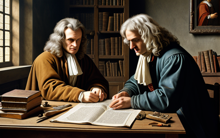 ** A historical depiction showcasing Isaac Newton and Joseph Raphson collaborating (or perhaps depicted separately but with visual cues connecting them) on mathematical concepts. The scene could be set in a 17th-century study with mathematical equations and tools visible. The overall tone should evoke a sense of intellectual discovery.
**