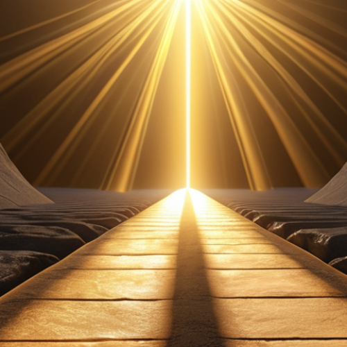 Home 17 **Image Prompt 1: The Elegant Path of Light**
An ethereal, golden light beam intelligently bending as it transitions from air into a transparent liquid, vividly illustrating Fermat's Principle of least time. The scene emanates a sense of profound simplicity and revelation, with a clean, classic aesthetic. Subtle, abstract elements hinting at time or mathematical elegance could be present, emphasizing the timeless wisdom of the principle. Focus on the beauty of the light path and the purity of the scientific concept.