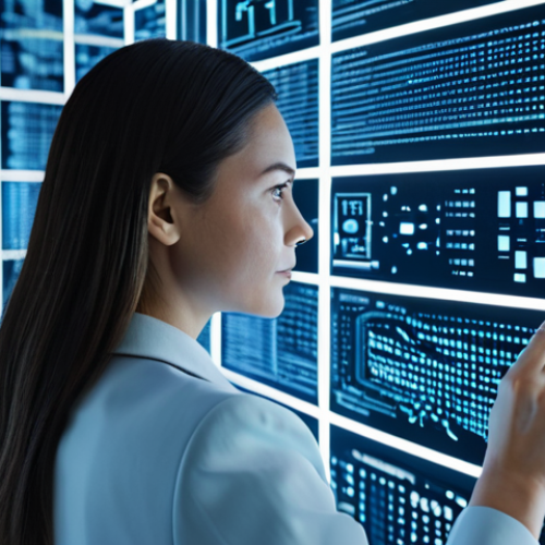 Home 8 A focused female data scientist in professional business attire, observing a large, transparent holographic display showing abstract binary code patterns and glowing neural network connections, in a sleek, futuristic research lab. The environment is minimalistic and clean, bathed in soft, cool blue and white light. The subject is fully clothed, modest clothing, appropriate attire, safe for work, perfect anatomy, correct proportions, natural pose, well-formed hands, proper finger count, natural body proportions, professional photography, high quality, appropriate content, family-friendly.