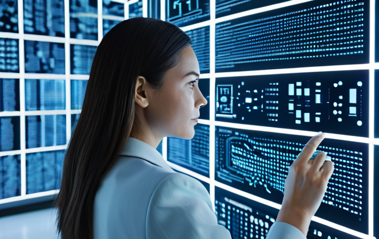 A focused female data scientist in professional business attire, observing a large, transparent holographic display showing abstract binary code patterns and glowing neural network connections, in a sleek, futuristic research lab. The environment is minimalistic and clean, bathed in soft, cool blue and white light. The subject is fully clothed, modest clothing, appropriate attire, safe for work, perfect anatomy, correct proportions, natural pose, well-formed hands, proper finger count, natural body proportions, professional photography, high quality, appropriate content, family-friendly.