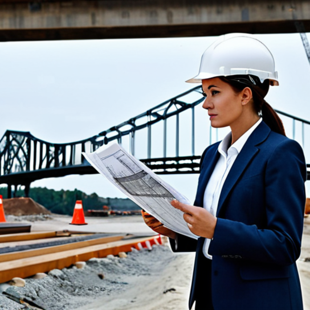 **

"A female engineer in a fully clothed, modest business suit, reviewing blueprints at a construction site with a bridge under construction in the background, appropriate attire, safe for work, perfect anatomy, natural proportions, professional setting, high quality."

**