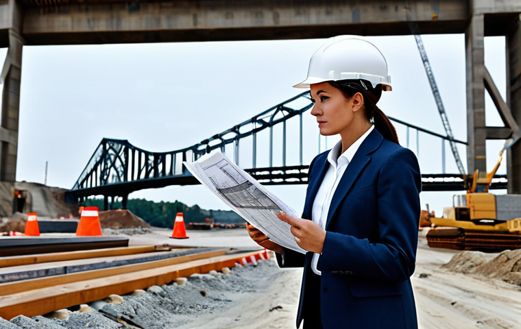 **

"A female engineer in a fully clothed, modest business suit, reviewing blueprints at a construction site with a bridge under construction in the background, appropriate attire, safe for work, perfect anatomy, natural proportions, professional setting, high quality."

**