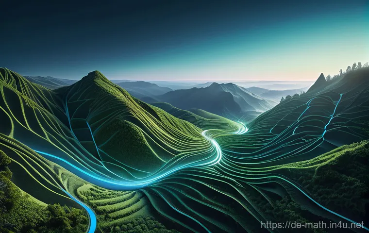 딥러닝의 수학적 기초 - **Prompt:** An abstract, intricate visualization of glowing mathematical concepts forming the core o...