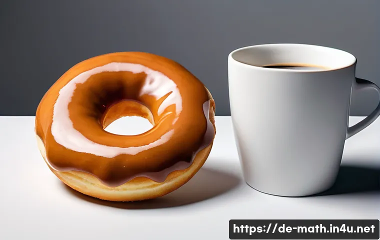 위상수학과 도넛 이론 - A hyper-realistic 3D rendering of a classic donut-shaped torus and a coffee mug with a handle, both ...