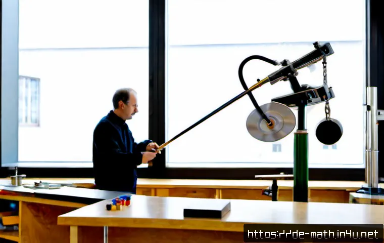 카오스 이론과 동역학 시스템 - Photorealistic physics laboratory in a modern German university, a double pendulum apparatus in mid-...